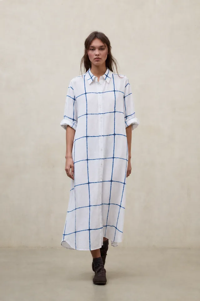 vestido-ecoalf-darea-blanco-de-lino-con-estampado-de-rayas-y-dise-o-camisero image 1