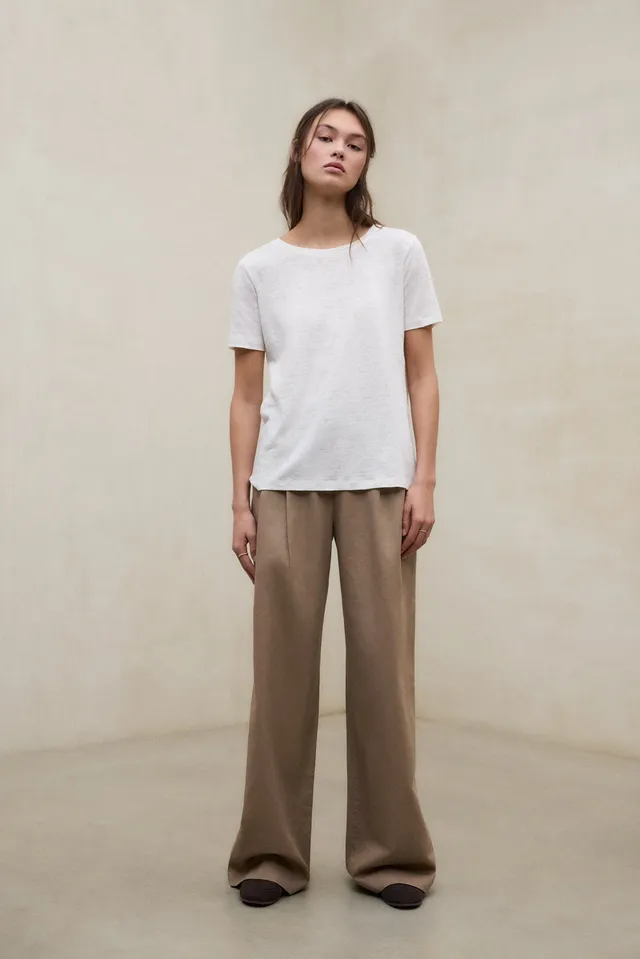 pantalones-de-lino-ecoalf-miel-beige-para-mujer-tiro-alto-pliegues-delanteros-61 image 1