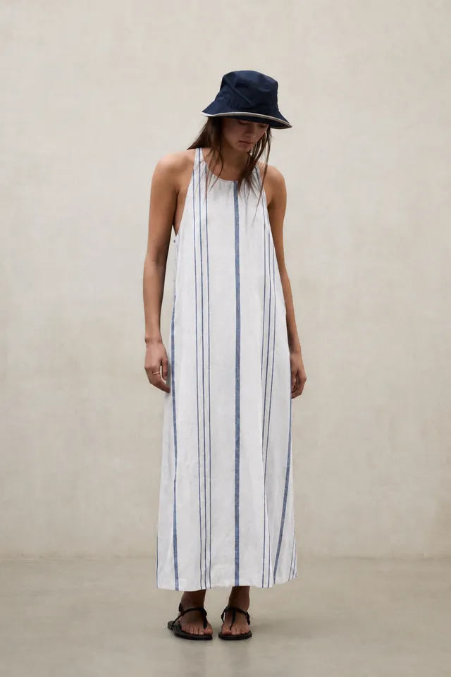 vestido-crome-de-rayas-blanco-de-ecoalf-lino-80-con-tirantes-ajustables image 1