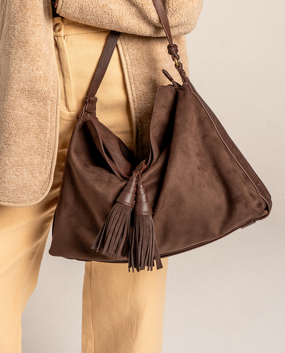 abbacino-bolso-de-hombro-marr-n-con-borlas-antelina-reciclada image 2