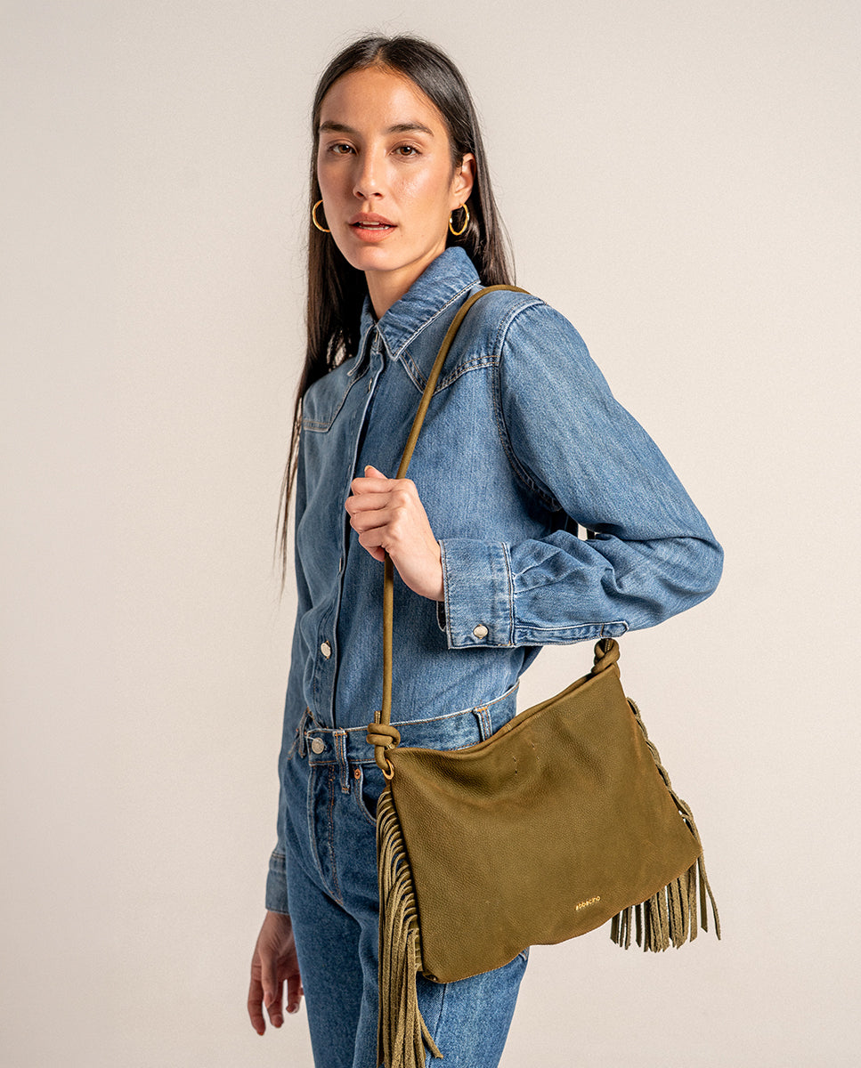 abbacino-bolso-de-hombro-mujer-piel-verde-con-flecos image 1