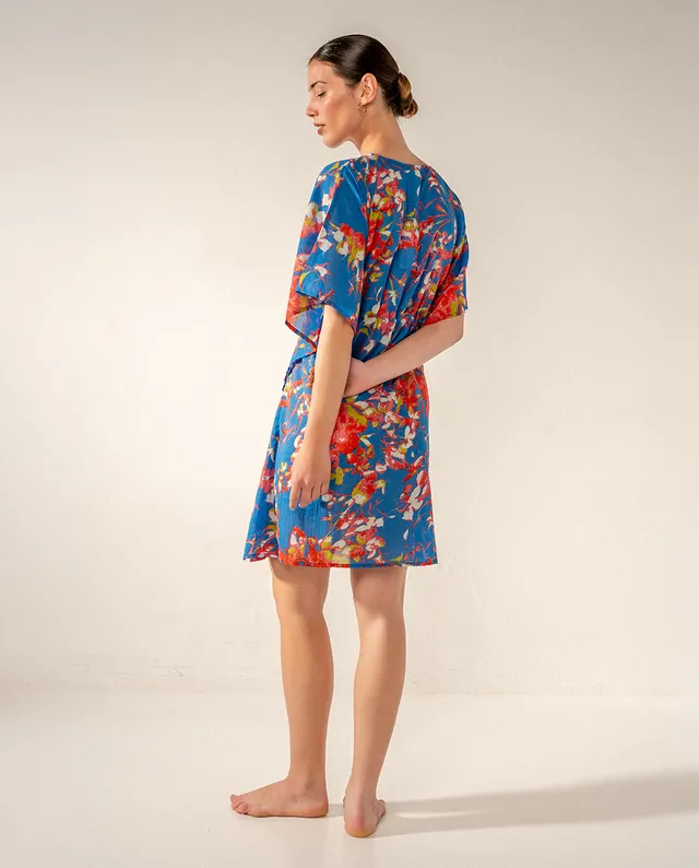 caft-n-algod-n-abbacino-floral-azul-con-lazo image 1