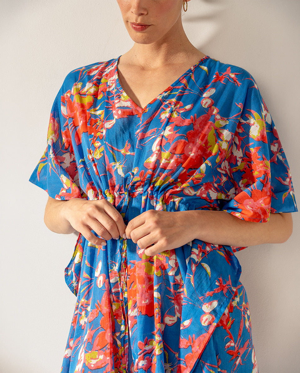 caft-n-algod-n-abbacino-floral-azul-con-lazo image 4