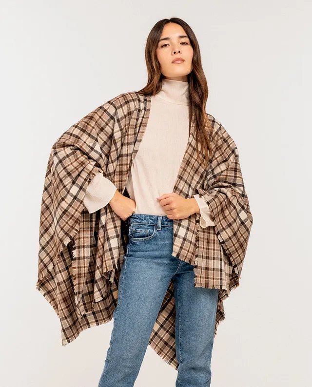 poncho-abbacino-cuadros-escoceses-taupe-con-flecos image 1