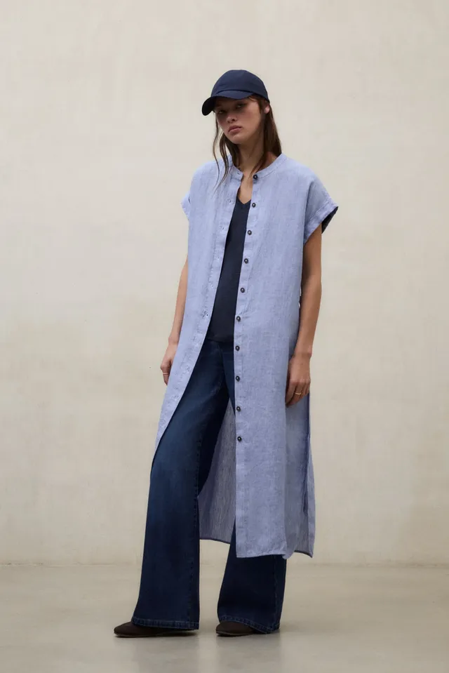 vestido-ecoalf-amatista-azul-para-mujer-80-lino-manga-corta-y-cuello-mao image 1