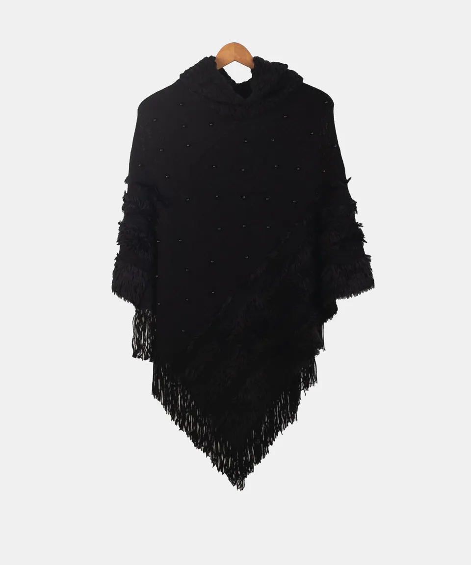 kbas-poncho-de-punto-negro-con-cuello-de-perlas-y-flecos-elegante-y-abrigado image 1