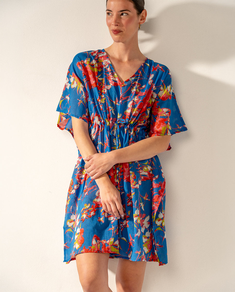 caft-n-algod-n-abbacino-floral-azul-con-lazo image 3