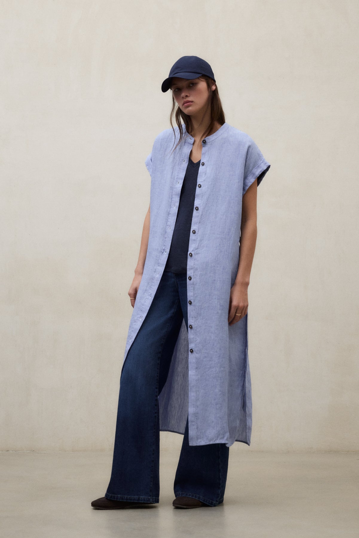 vestido-ecoalf-amatista-azul-para-mujer-80-lino-manga-corta-y-cuello-mao image 1